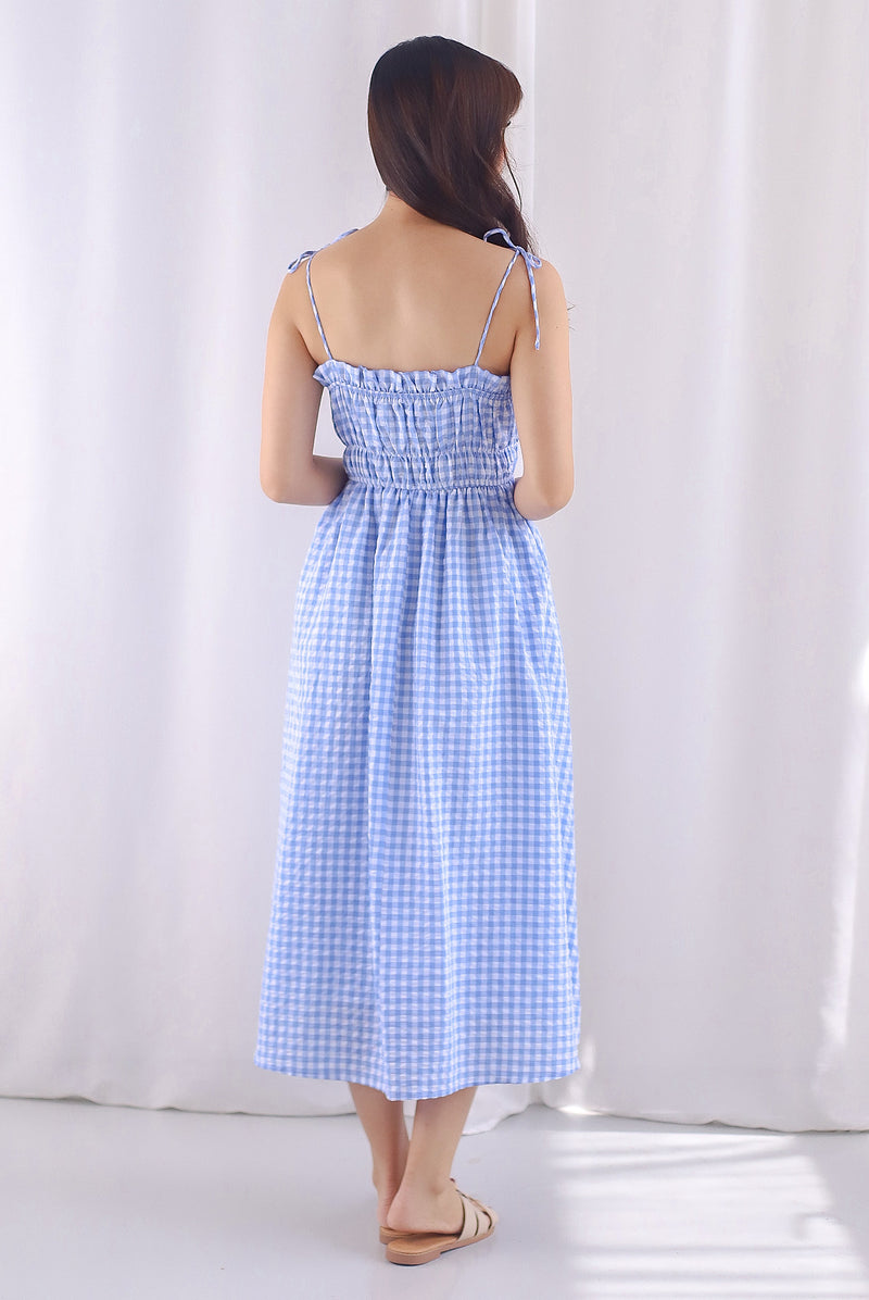 Elsie Tie Shoulder Babydoll Plaid Dress In Skyblue