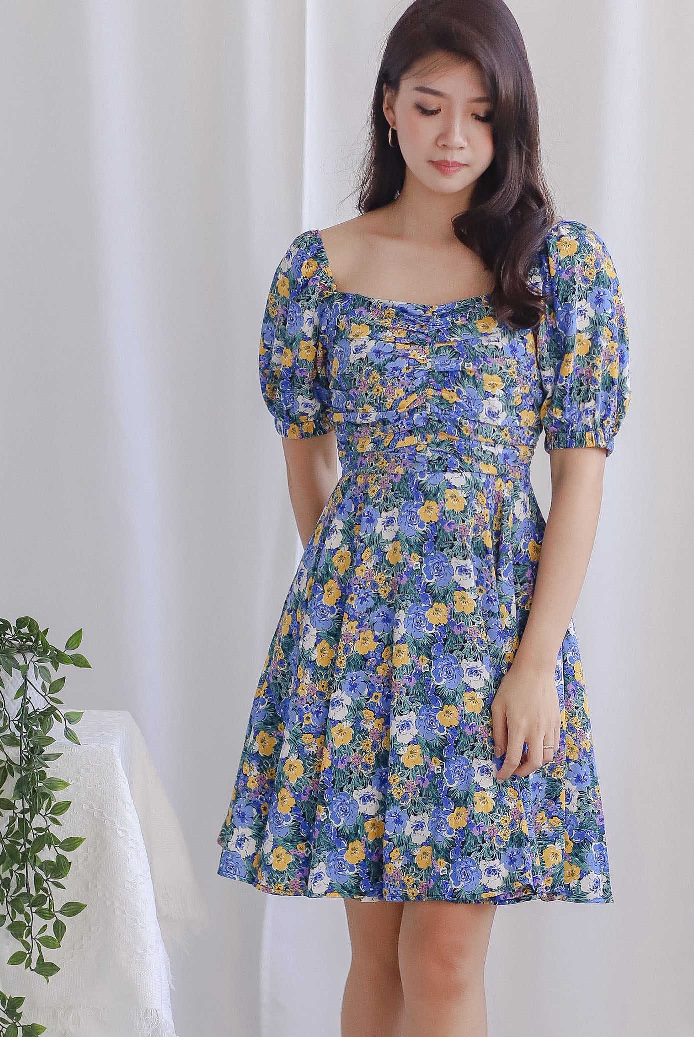 *Restocked* Emily Floral Ruched Dress In Blue
