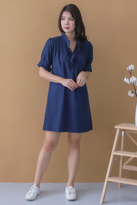 Emori Ruffle Shirt Dress In Navy Blue