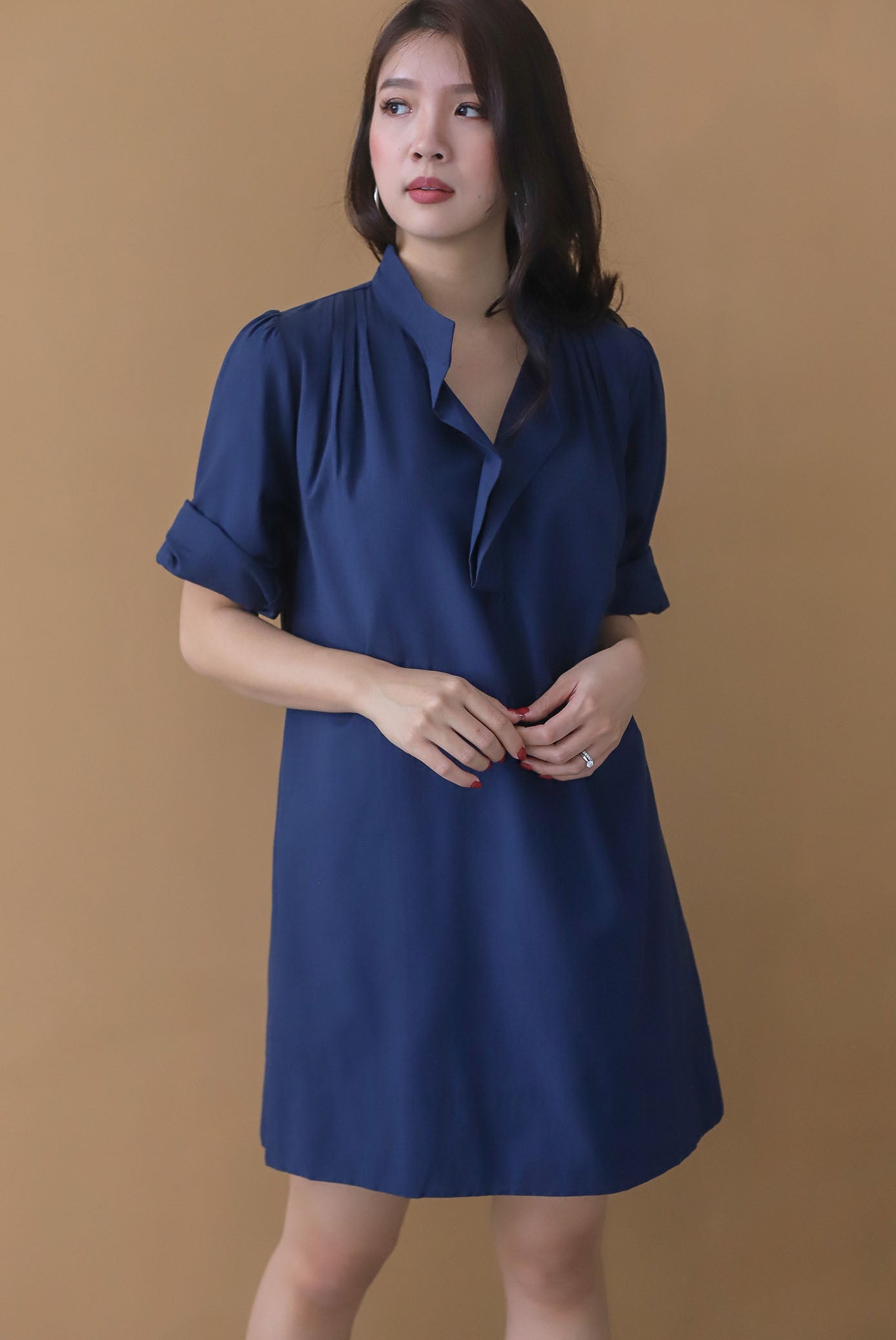 Emori Ruffle Shirt Dress In Navy Blue