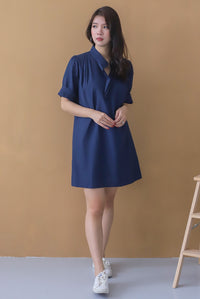 Emori Ruffle Shirt Dress In Navy Blue