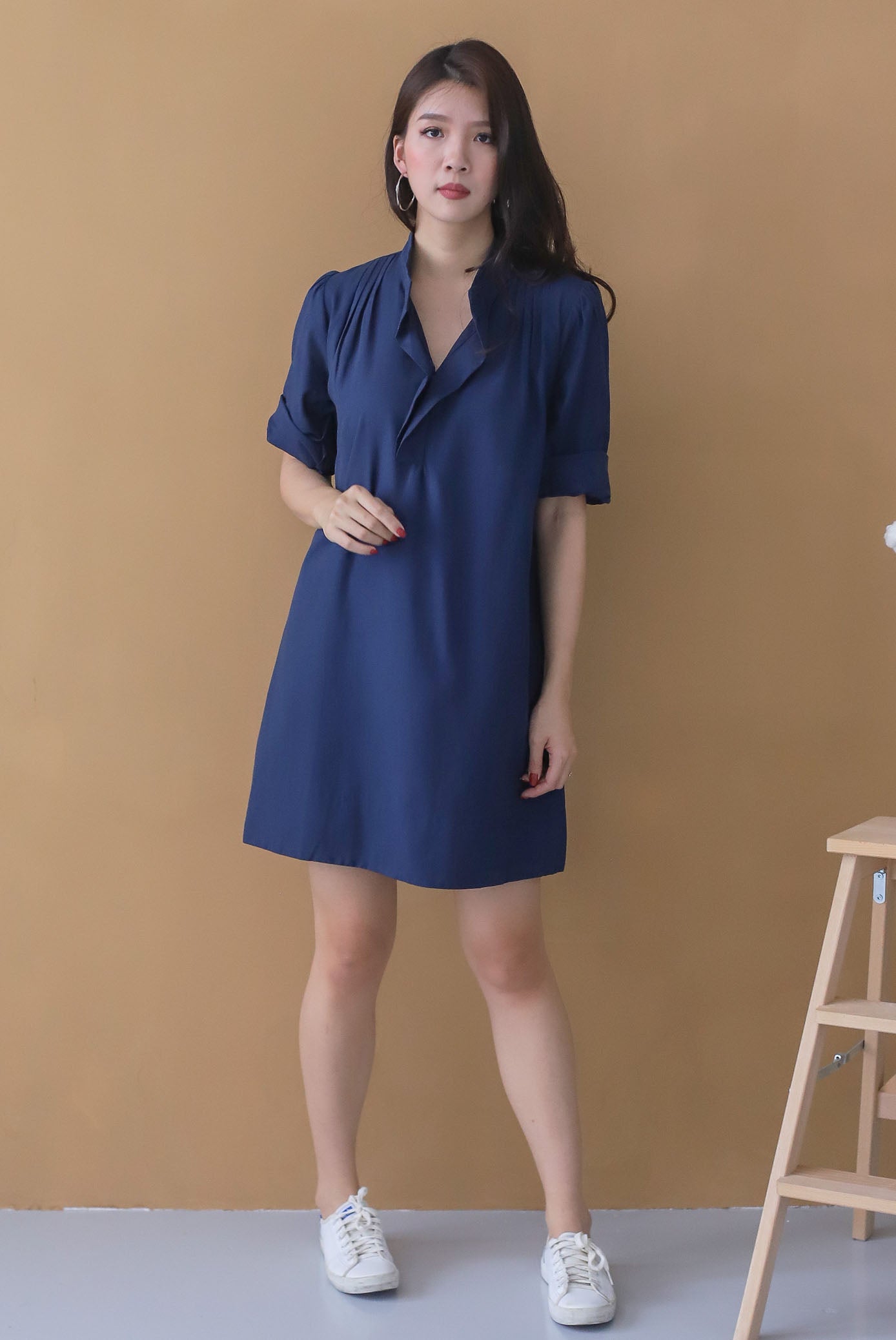 Emori Ruffle Shirt Dress In Navy Blue