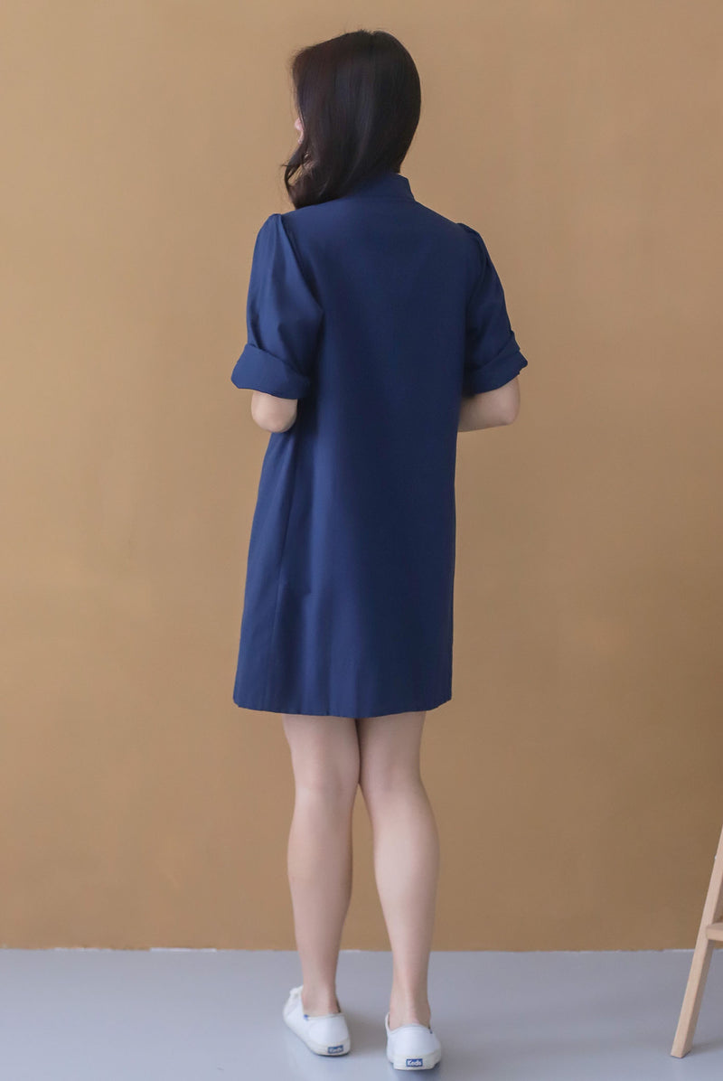 Emori Ruffle Shirt Dress In Navy Blue