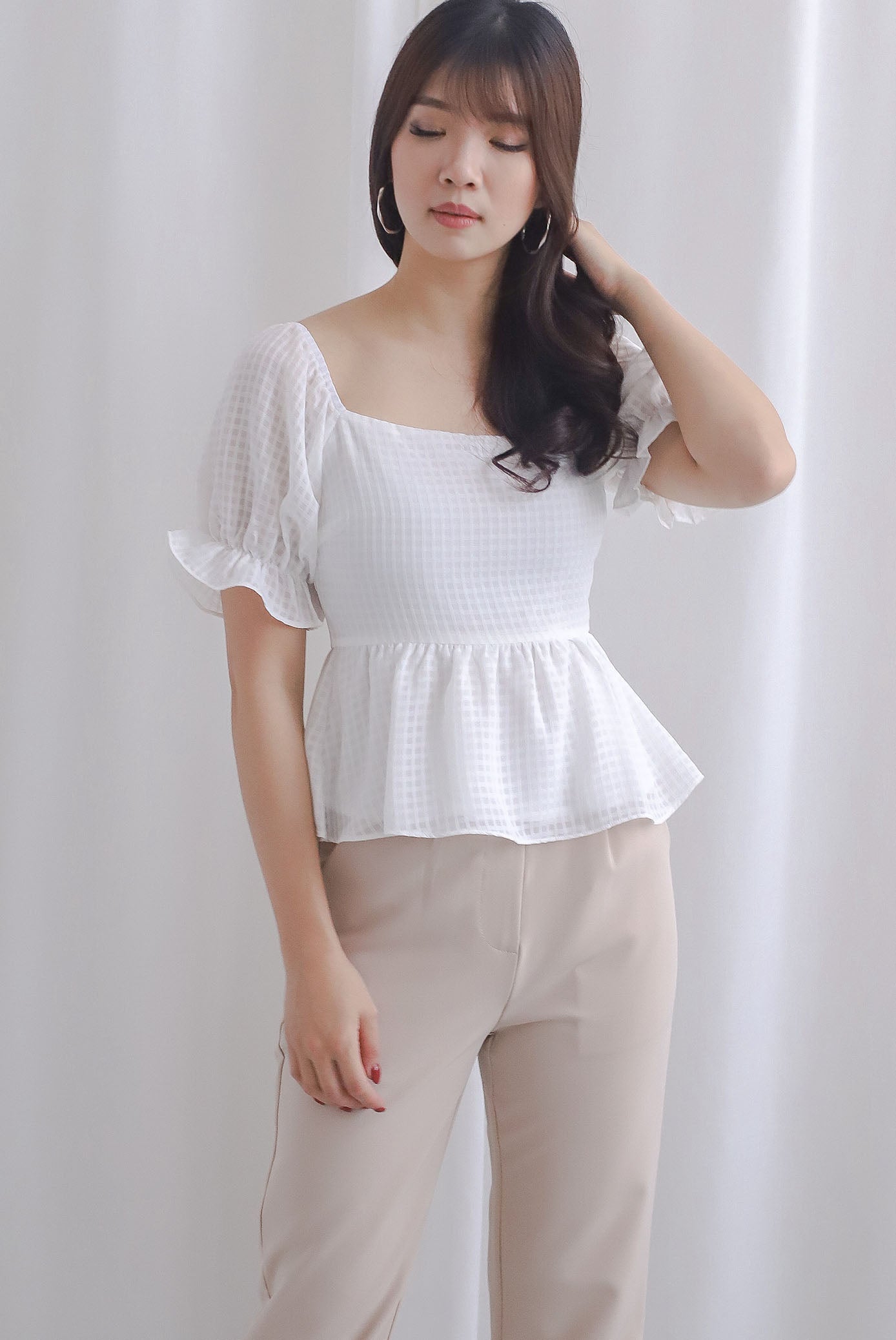 Enysa Gingham Sleeve Peplum Top In White