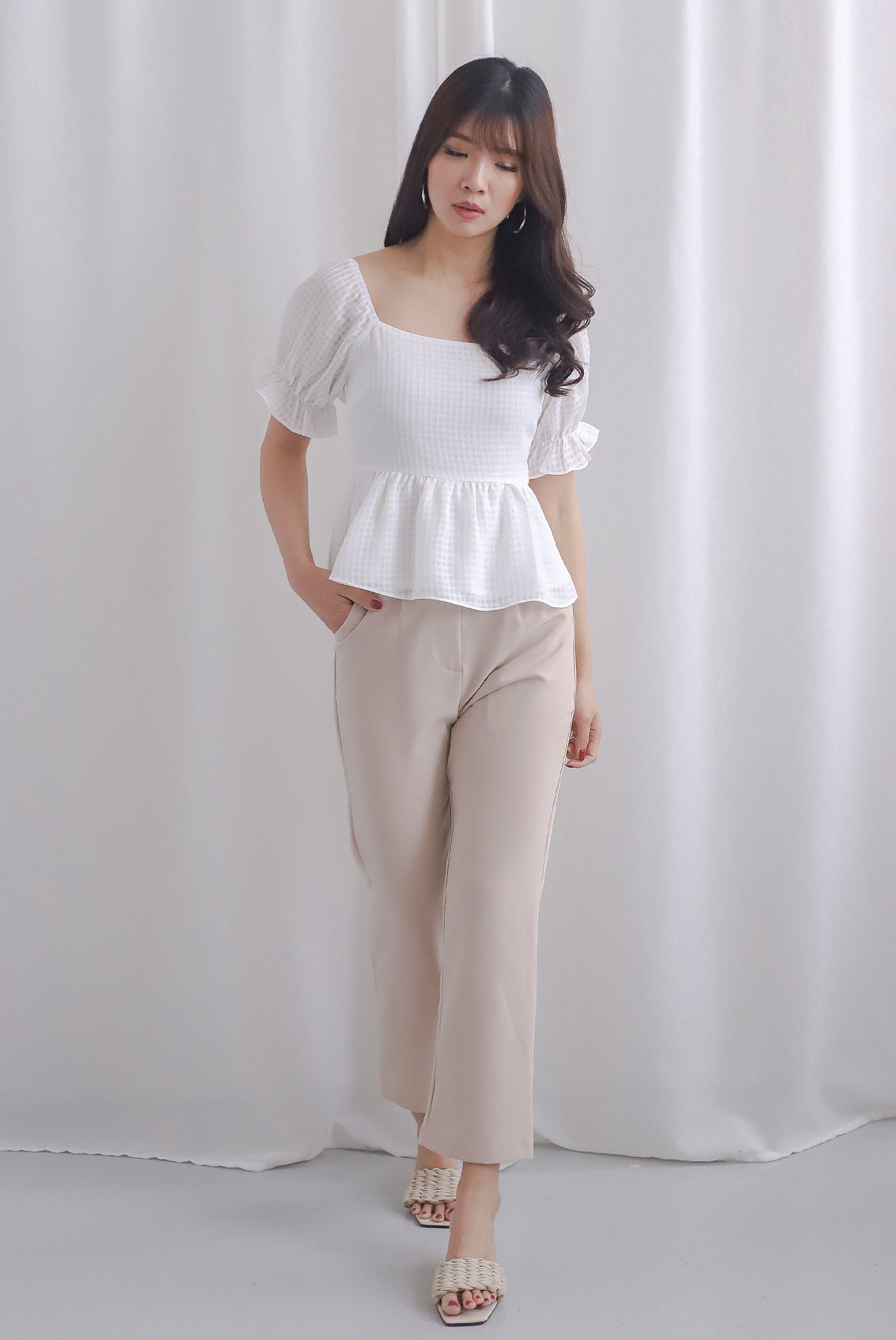 Enysa Gingham Sleeve Peplum Top In White