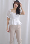 Enysa Gingham Sleeve Peplum Top In White