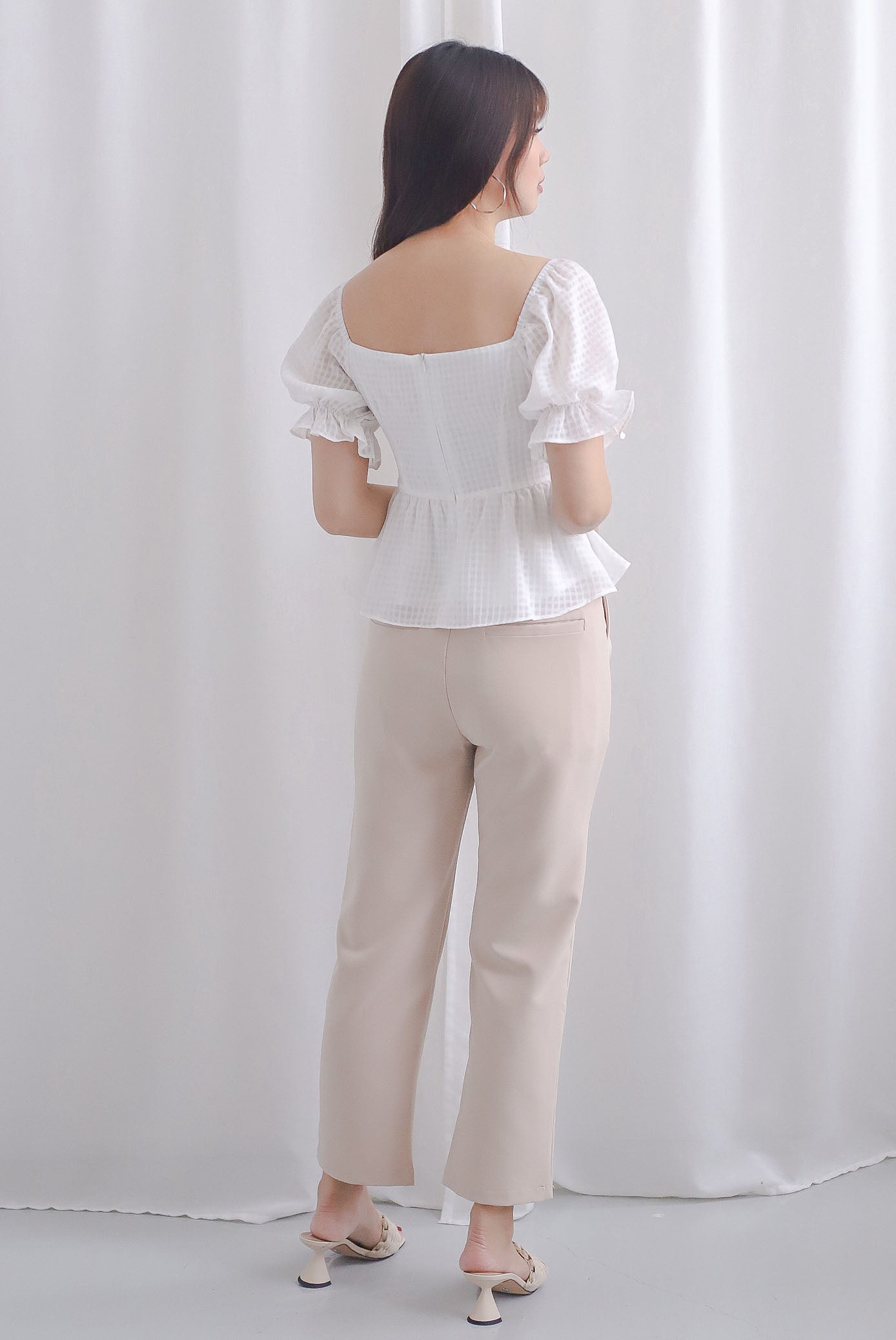 Enysa Gingham Sleeve Peplum Top In White