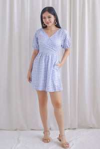 Evvie Gingham Embro Faux Wrap Romper In Blue