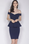 *Premium* Ewelina Off Shoulder Peplum Dress In Navy Blue