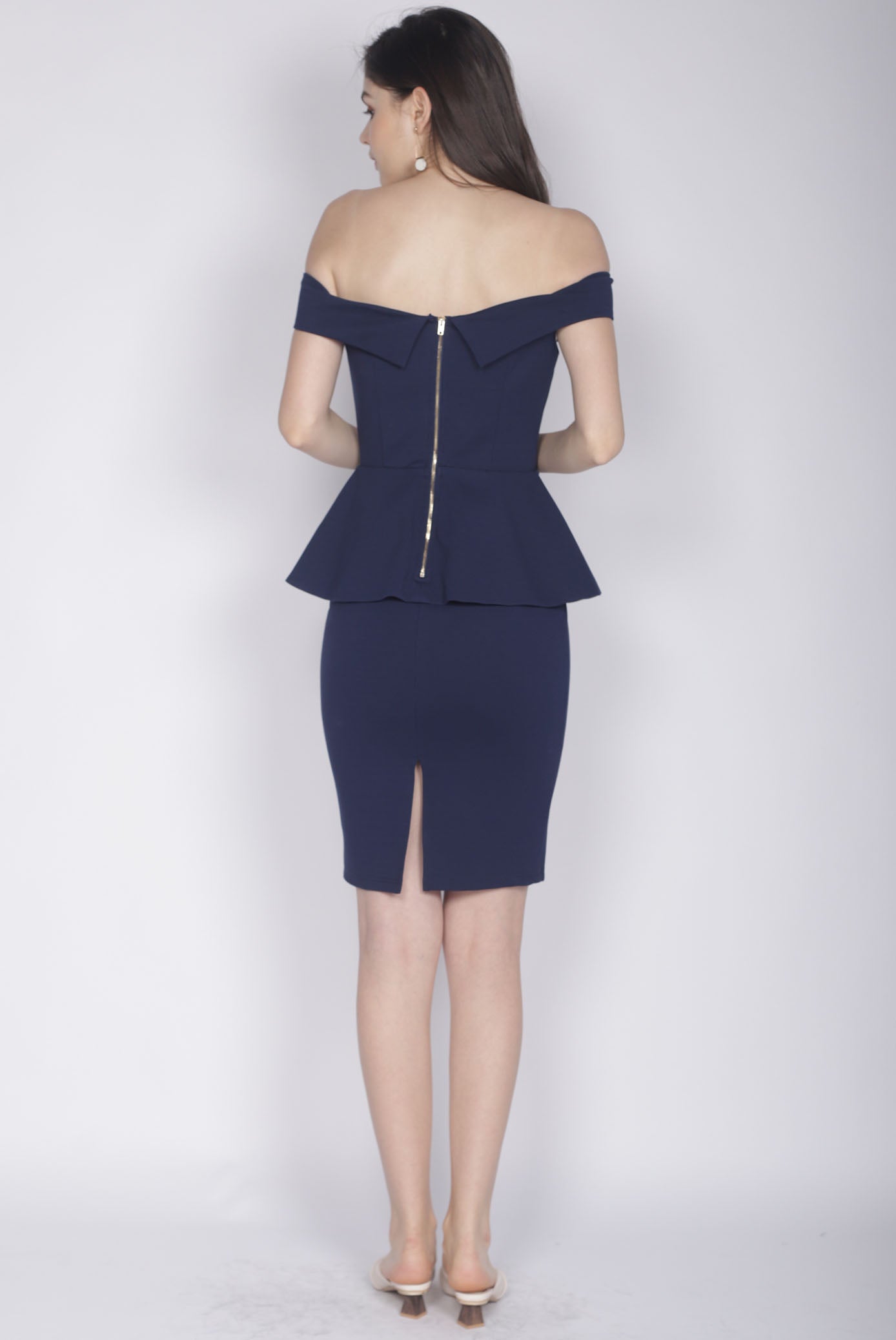 Premium* Ewelina Off Shoulder Peplum Dress In Navy Blue – The