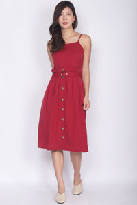 Fairley Buttons Paperbag Belted Dress In Wine Red