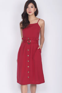 Fairley Buttons Paperbag Belted Dress In Wine Red