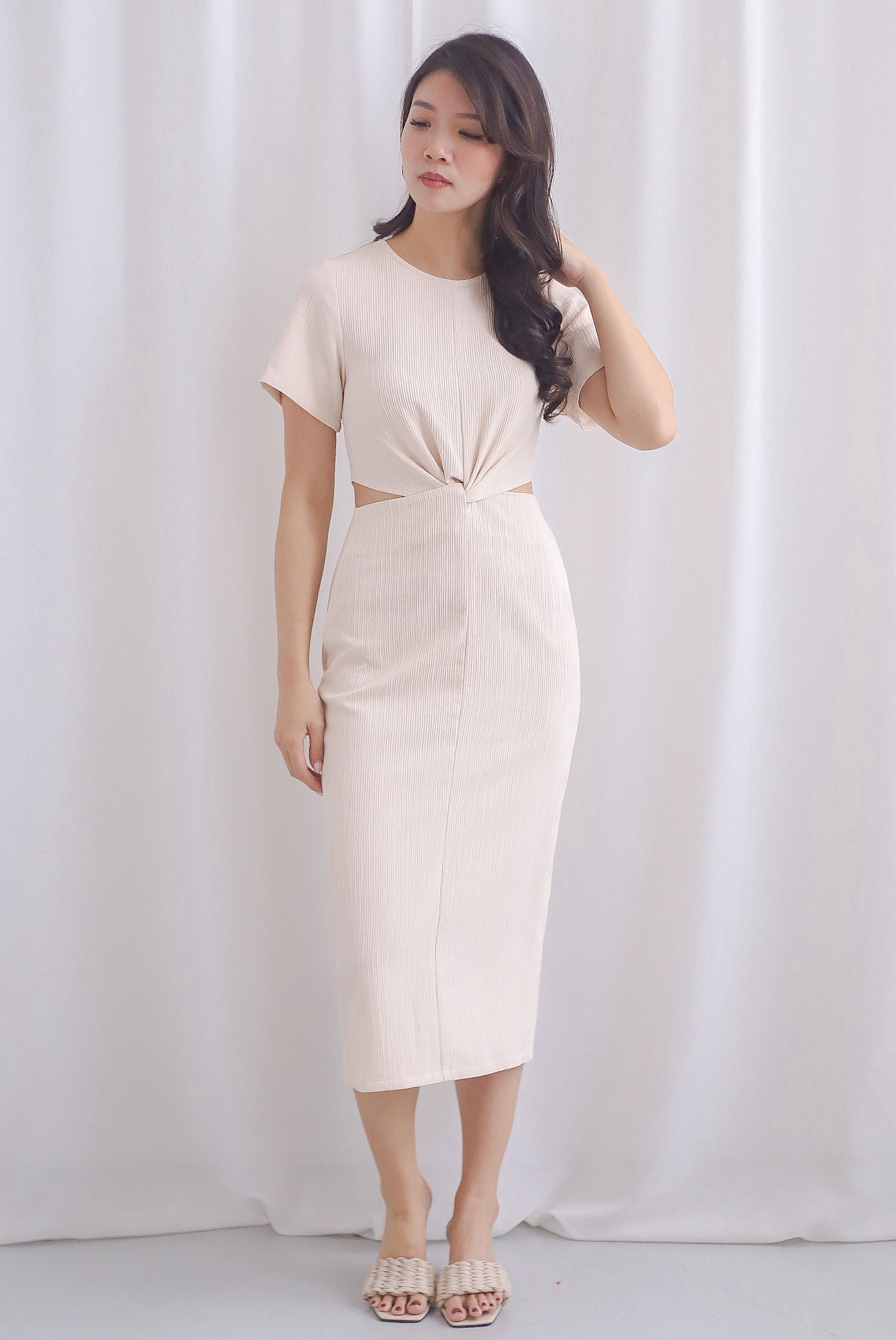 Francine Textured Twist Knot Cut Out Dress In Ivory
