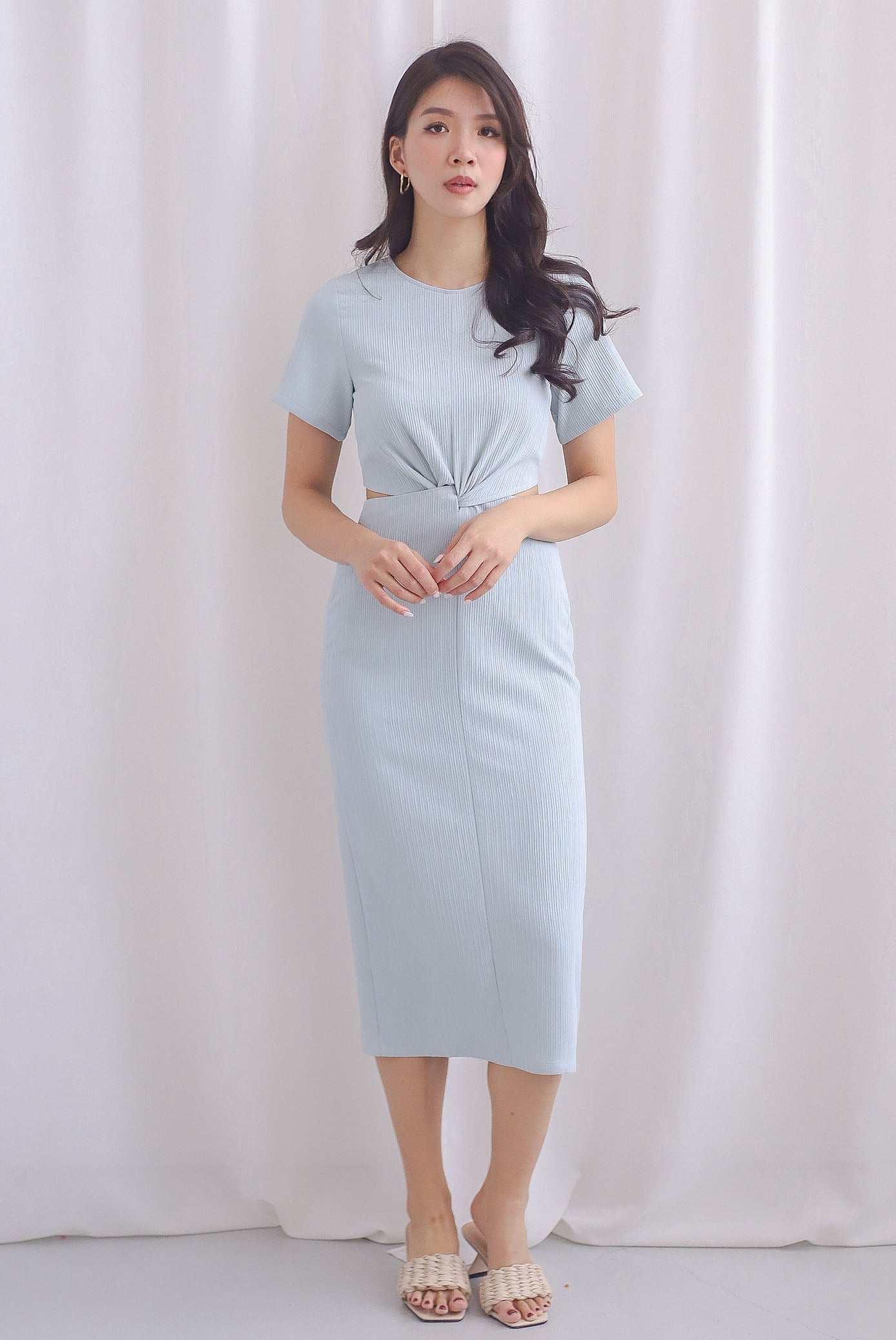 Francine Textured Twist Knot Cut Out Dress In Skyblue