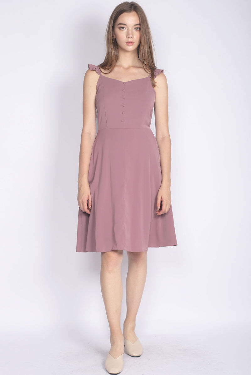 Frey Ruffle Strap Buttons Down Dress In Mauve