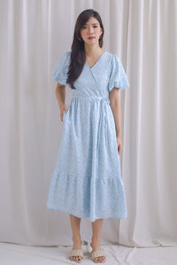 Fumiko Puffy Sleeve Faux Wrap Maxi Dress In Blue Floral