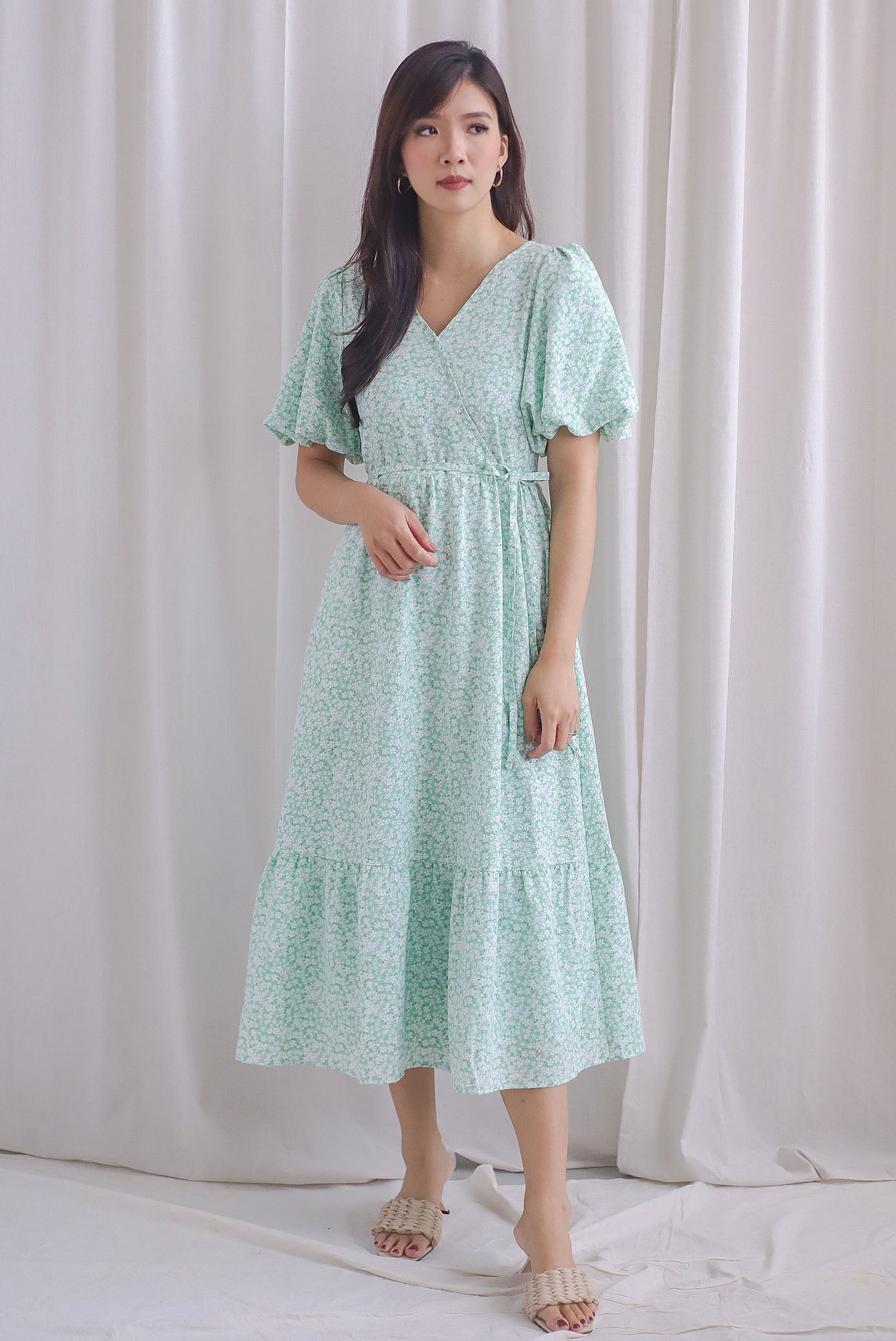 Fumiko Puffy Sleeve Faux Wrap Maxi Dress In Green Floral