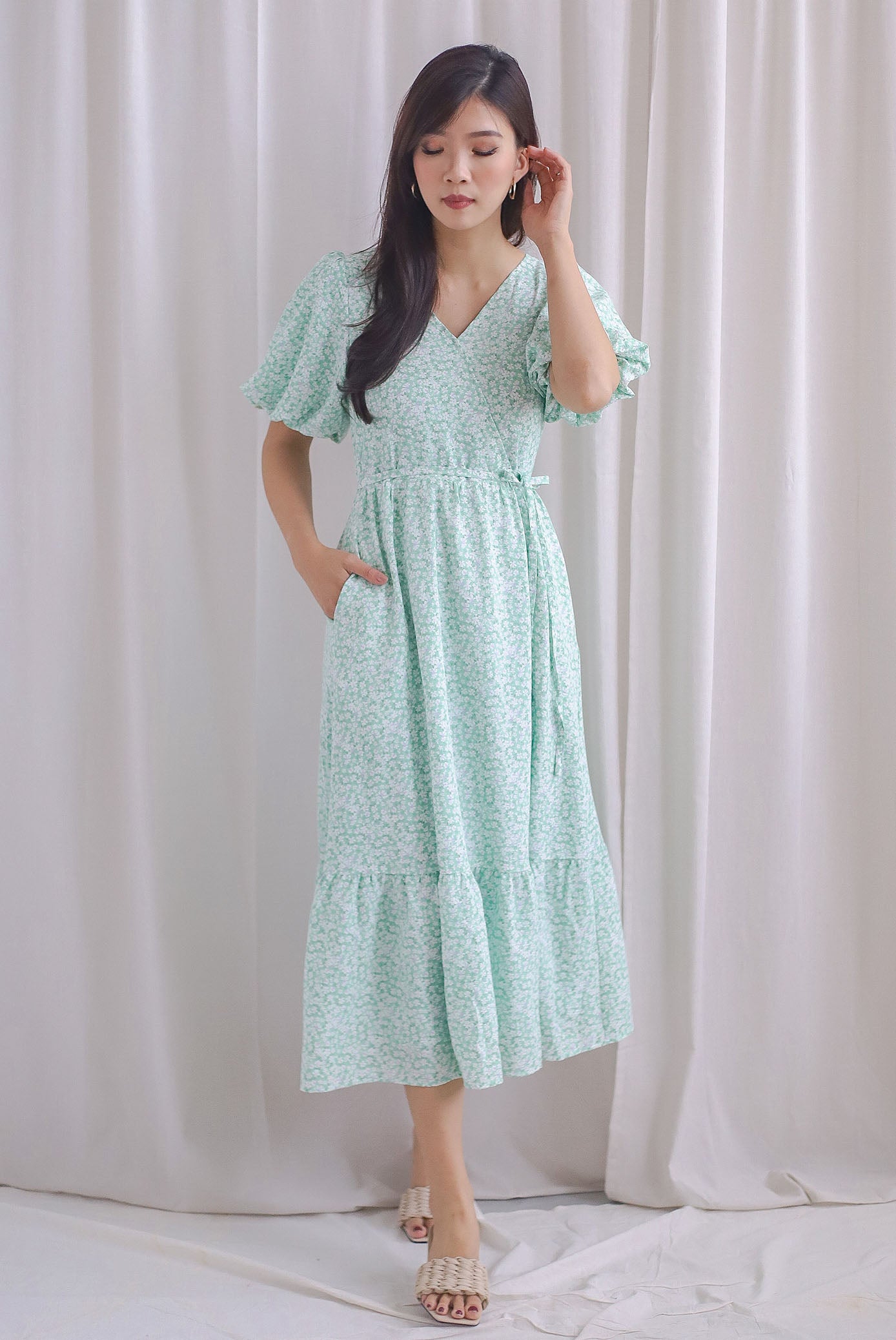 Fumiko Puffy Sleeve Faux Wrap Maxi Dress In Green Floral The Design Closets Fumiko Puffy Sleeve Faux Wrap Maxi Dress In Green Floral The Design Closets