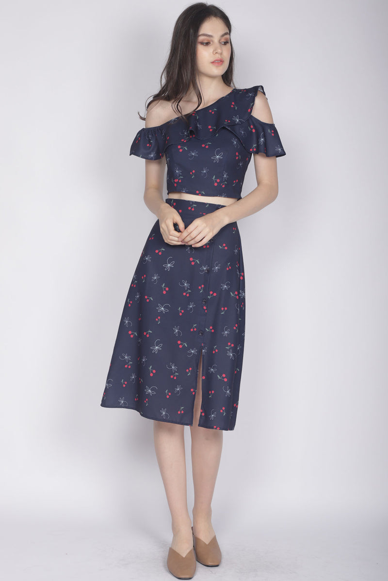 Hattie Buttons Slit Skirt In Navy Cherries