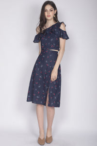 Hattie Buttons Slit Skirt In Navy Cherries