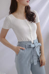 Gem Buttons Square Neck Top In White