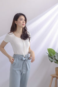 Gem Buttons Square Neck Top In White