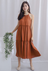 Gem Halter Tiered Dress In Camel