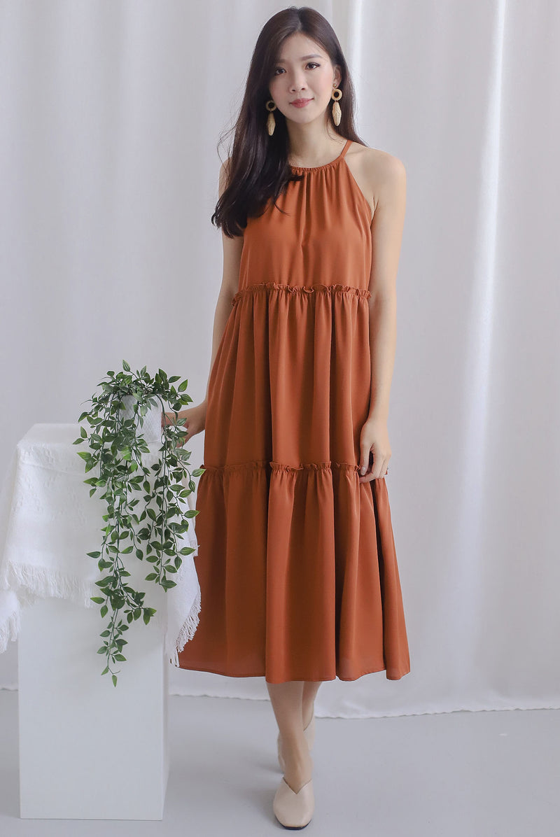 Gem Halter Tiered Dress In Camel