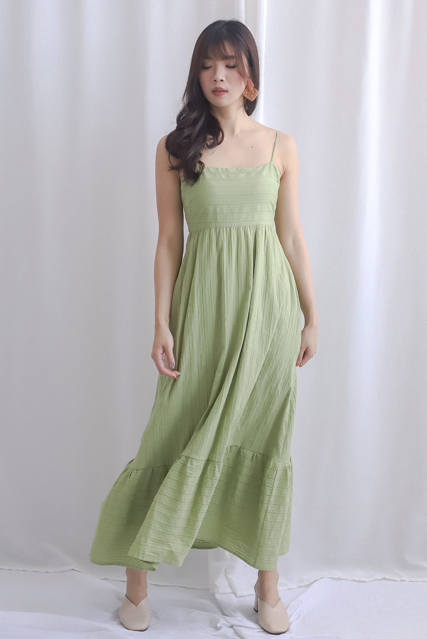 Lotte Stripes Cotton Spaghetti Maxi Dress In Moss Green