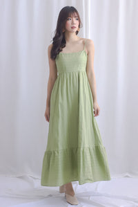 Lotte Stripes Cotton Spaghetti Maxi Dress In Moss Green