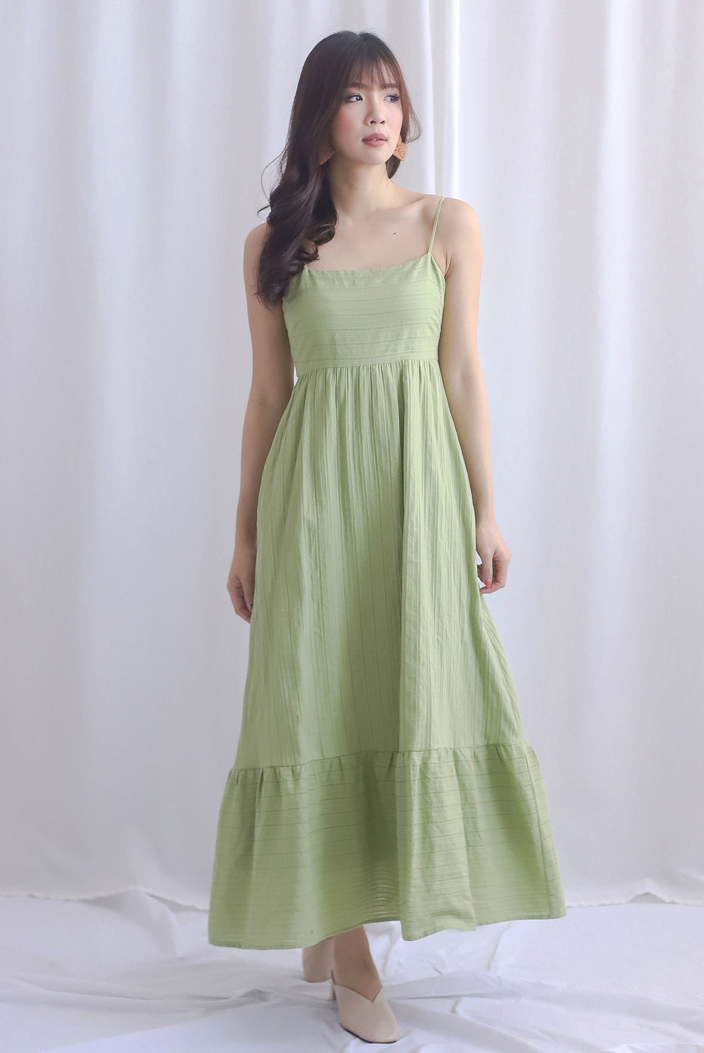 Lotte Stripes Cotton Spaghetti Maxi Dress In Moss Green