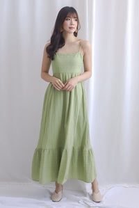 Lotte Stripes Cotton Spaghetti Maxi Dress In Moss Green