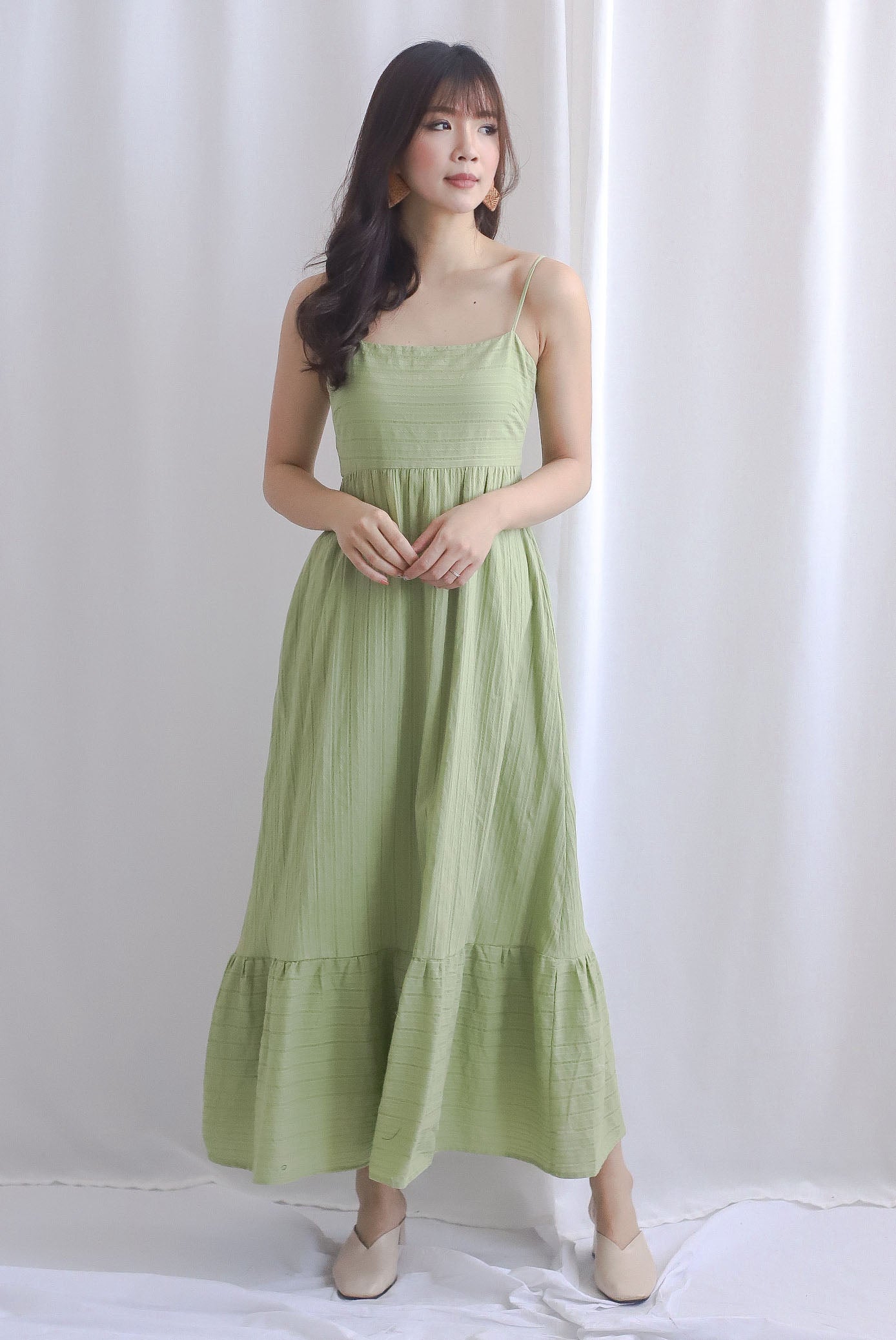 Lotte Stripes Cotton Spaghetti Maxi Dress In Moss Green