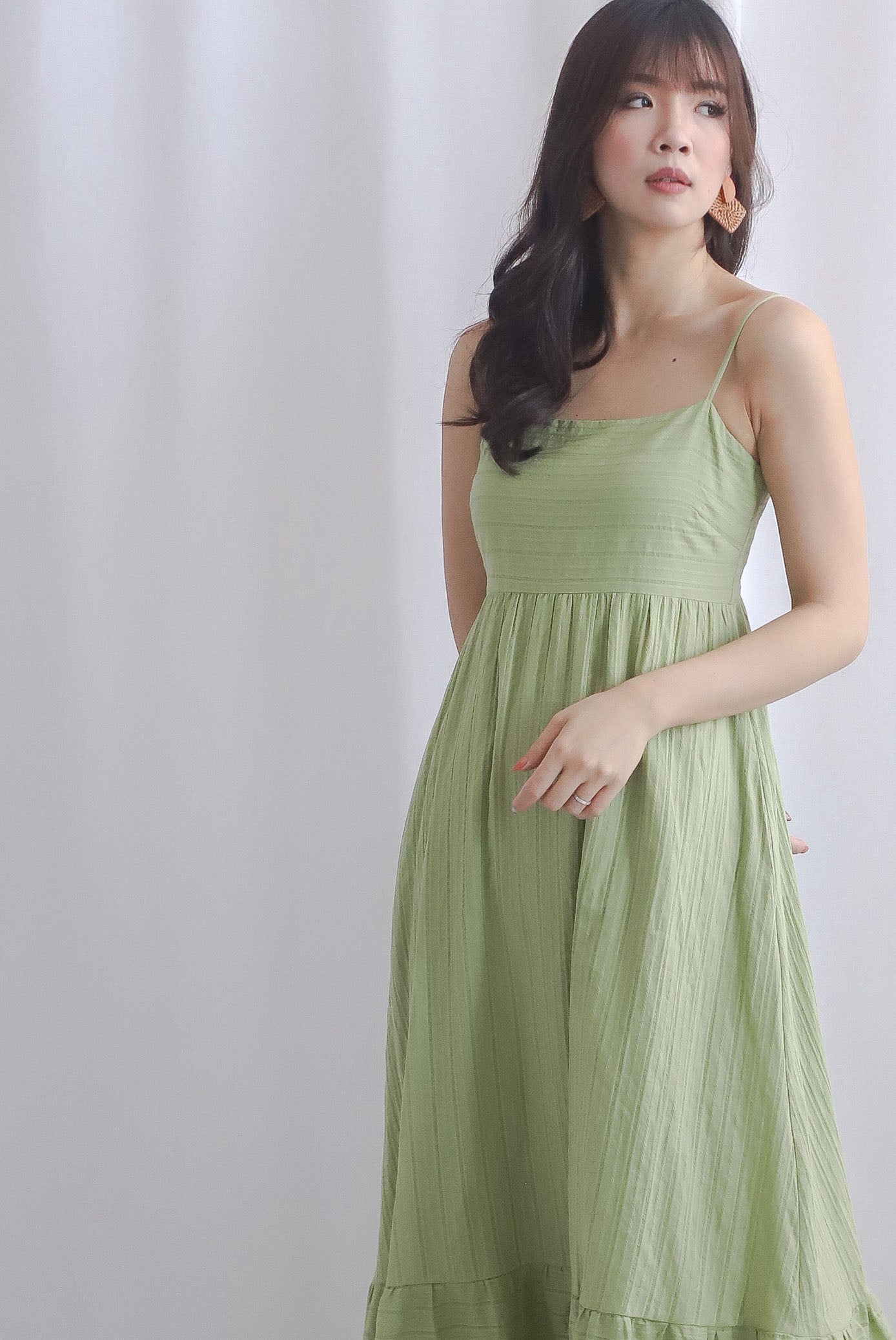 Lotte Stripes Cotton Spaghetti Maxi Dress In Moss Green