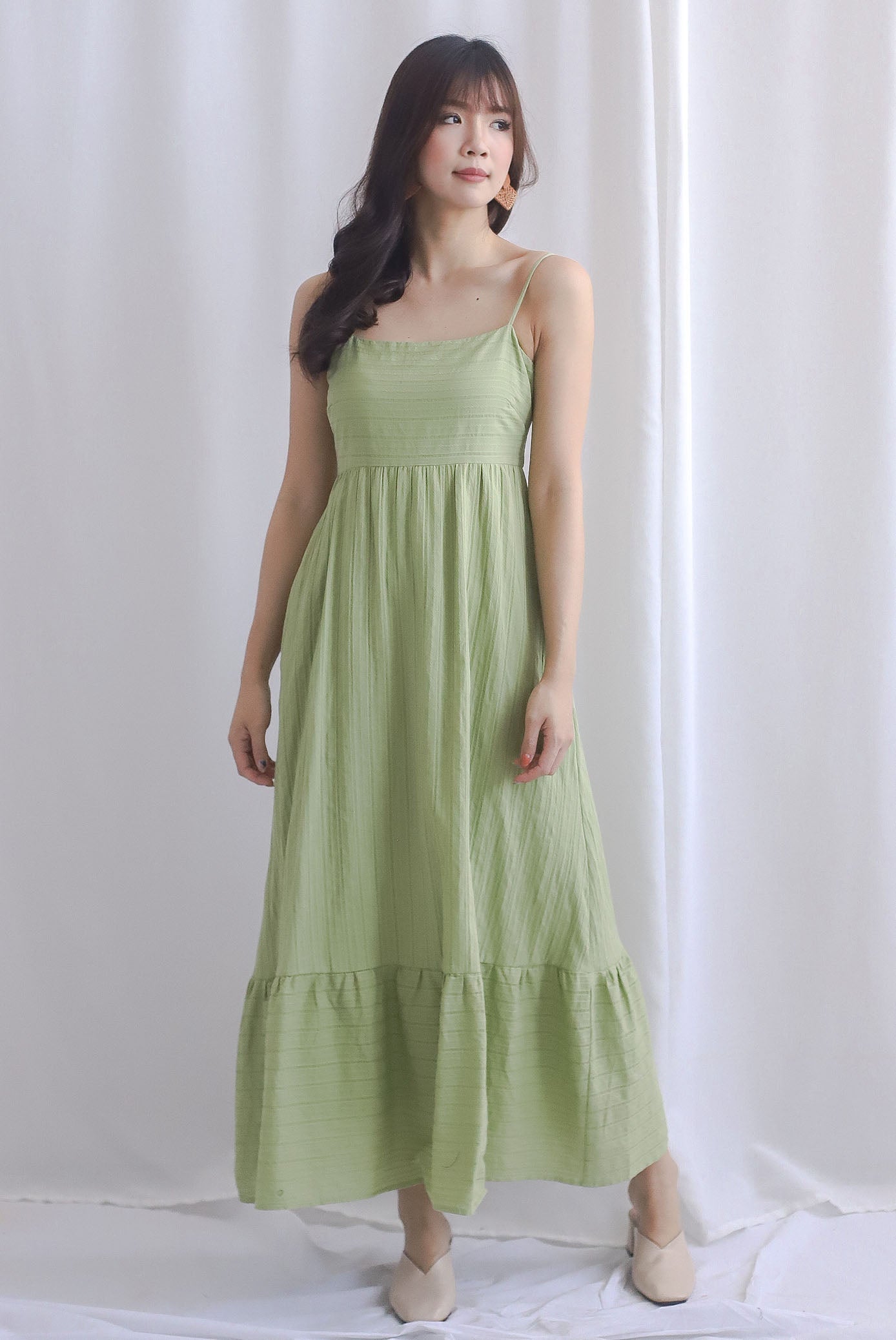 Lotte Stripes Cotton Spaghetti Maxi Dress In Moss Green