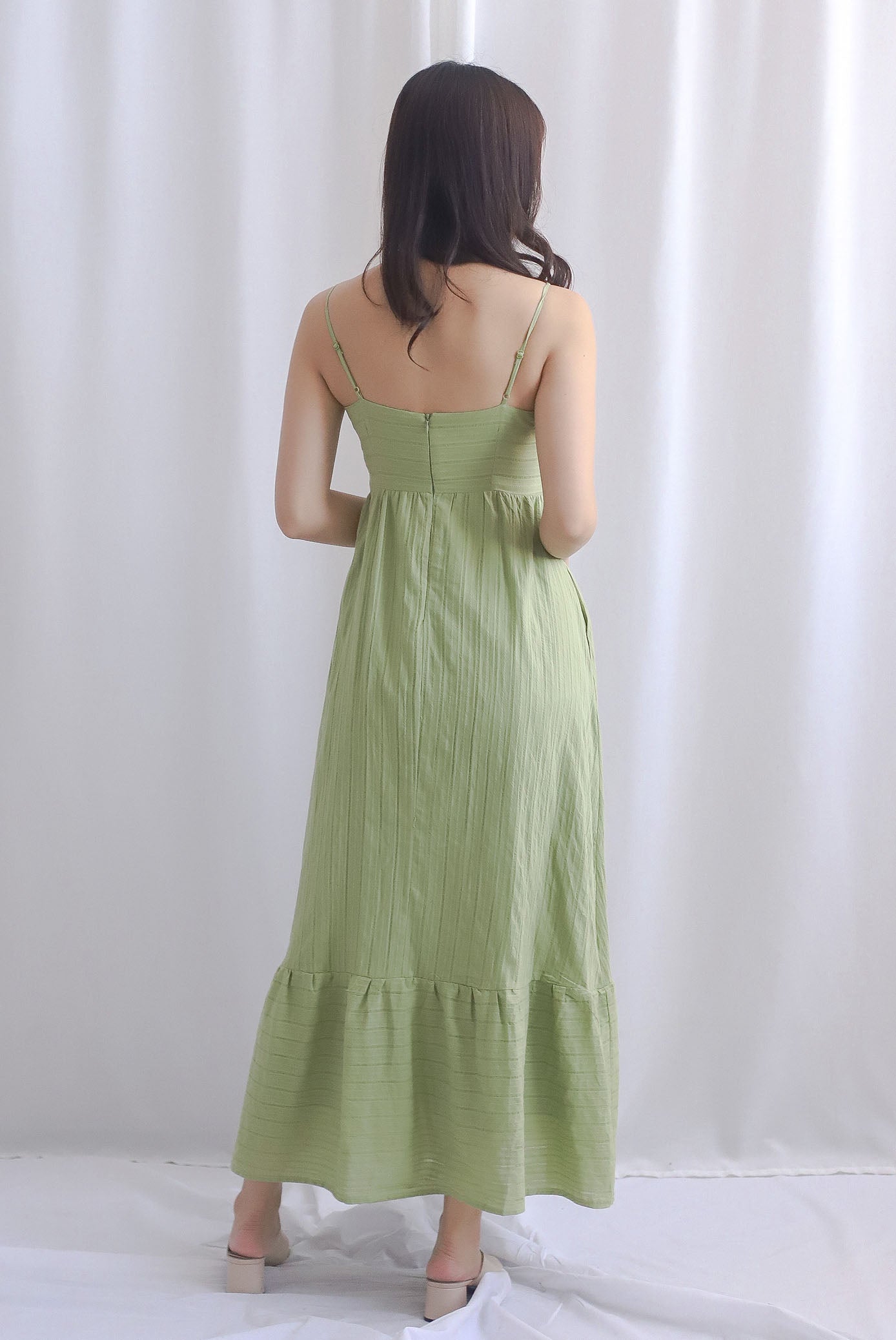 Lotte Stripes Cotton Spaghetti Maxi Dress In Moss Green