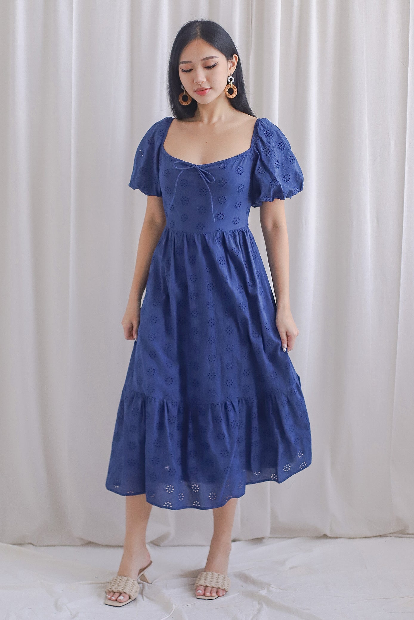 Guinevere Eyelet Tie Front Midi Dress In Navy Blue The Design Closets Guinevere Eyelet Tie Front Midi Dress In Navy Blue The Design Closets