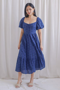 Guinevere Eyelet Tie Front Midi Dress In Navy Blue