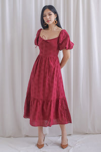 Guinevere Eyelet Tie Front Midi Dress In Wine Red