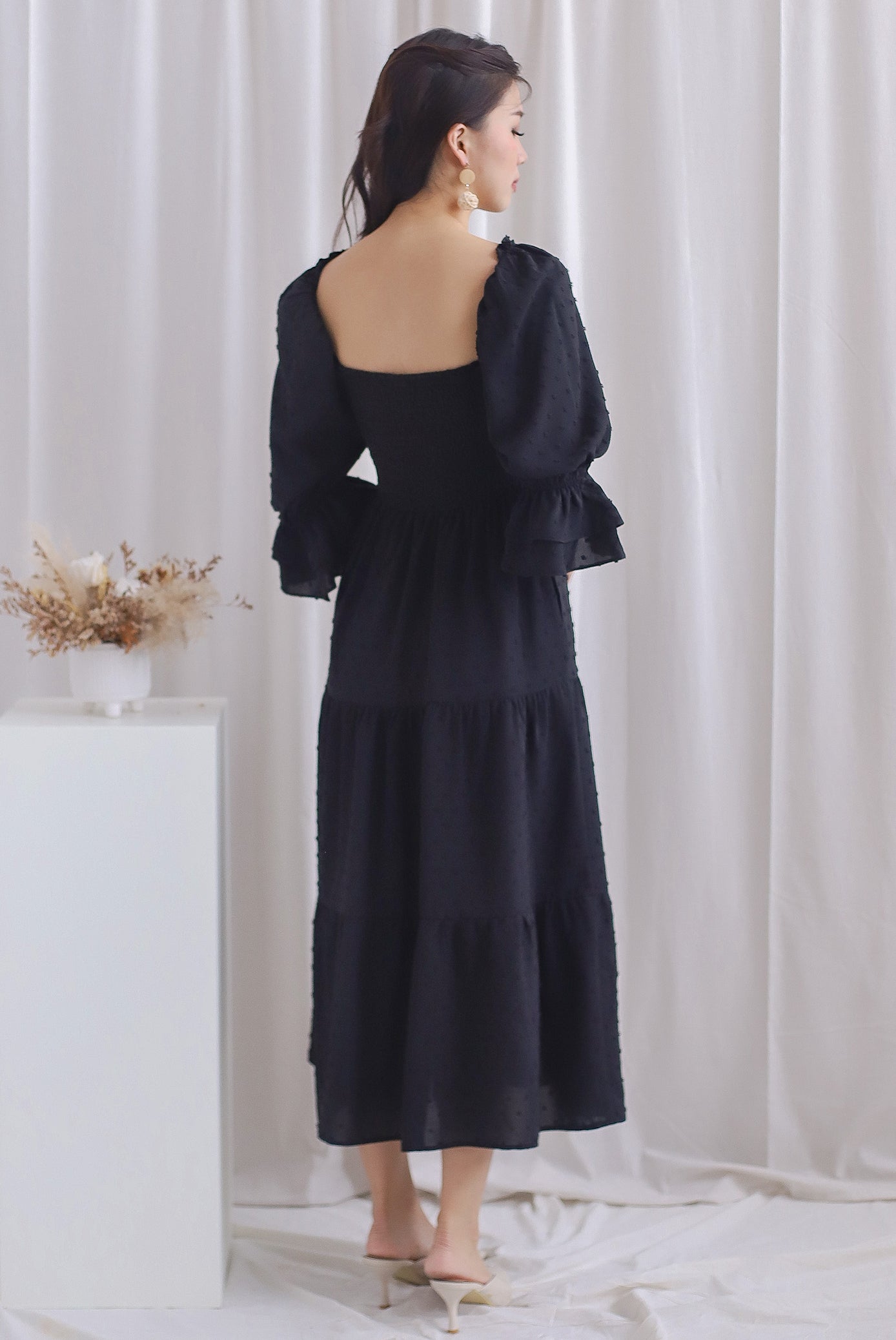 Hanneli Ruffle Sleeve Swiss Dot Midi Dress In Black The Design Closets Hanneli Ruffle Sleeve Swiss Dot Midi Dress In Black The Design Closets
