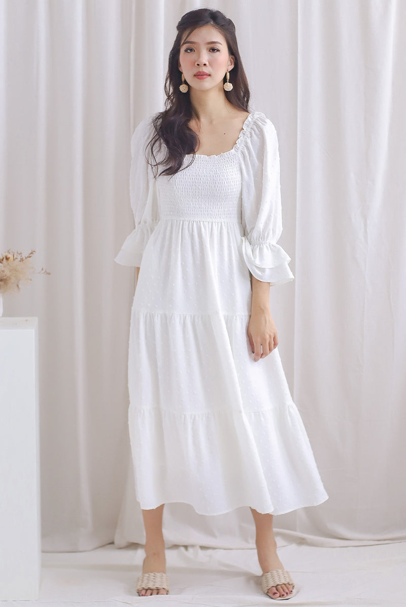 Hanneli Ruffle Sleeve Swiss Dot Midi Dress In White