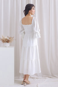 Hanneli Ruffle Sleeve Swiss Dot Midi Dress In White