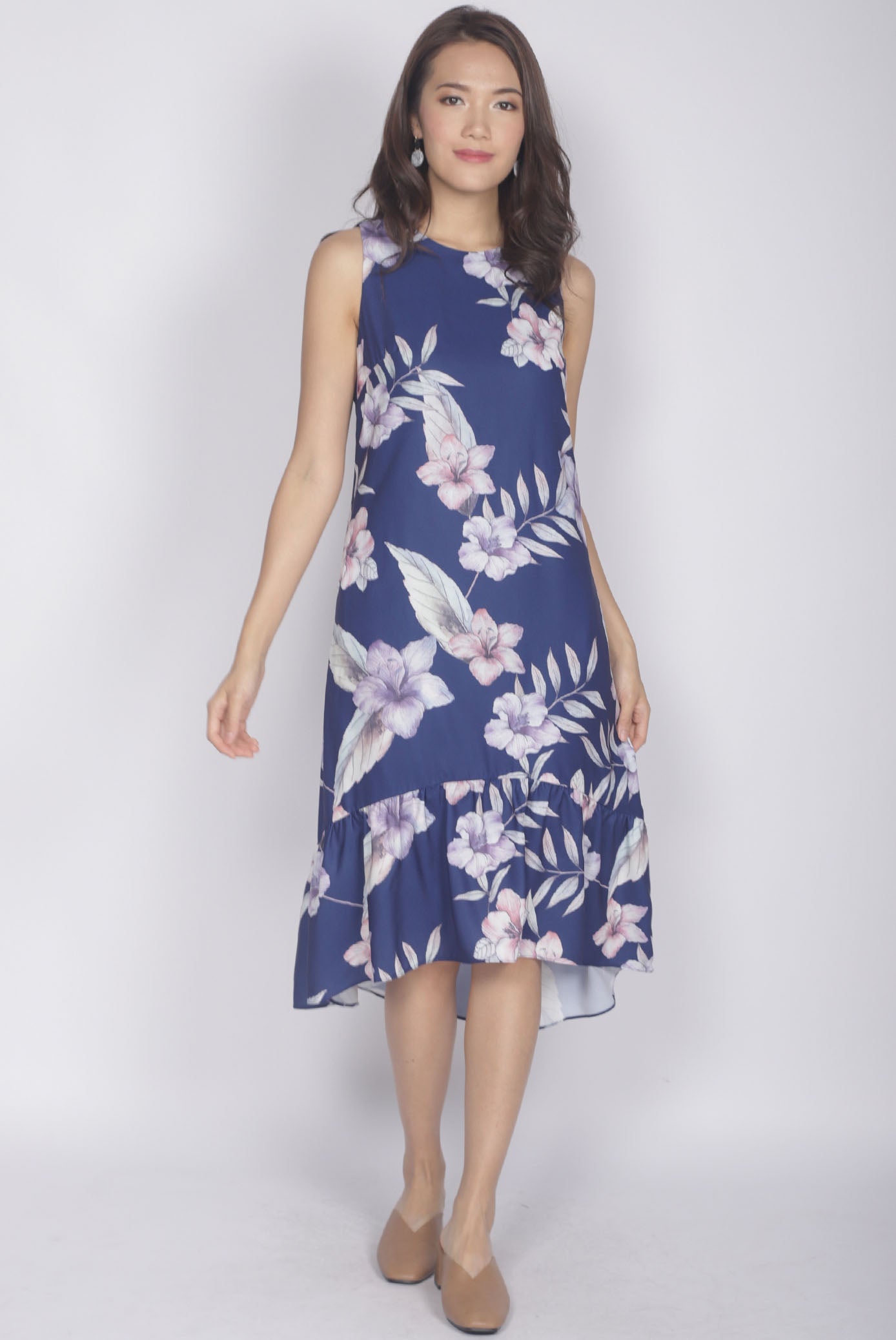 Hara Floral Drop Hem Dress In Navy Blue