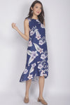 Hara Floral Drop Hem Dress In Navy Blue