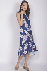 Hara Floral Drop Hem Dress In Navy Blue