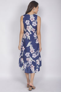 Hara Floral Drop Hem Dress In Navy Blue