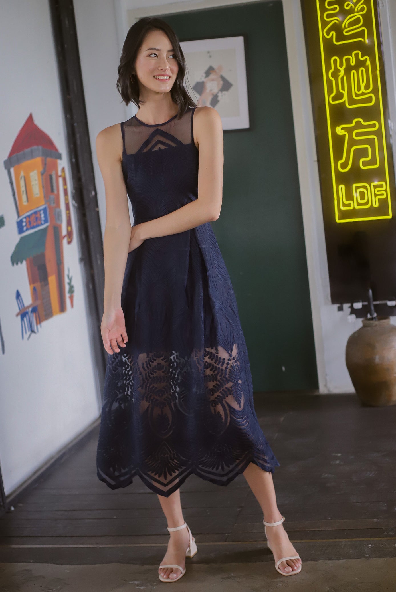Navy blue mesh top dress