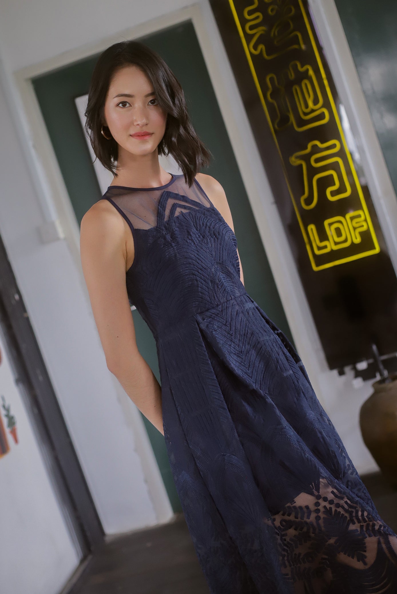 Navy blue mesh top dress