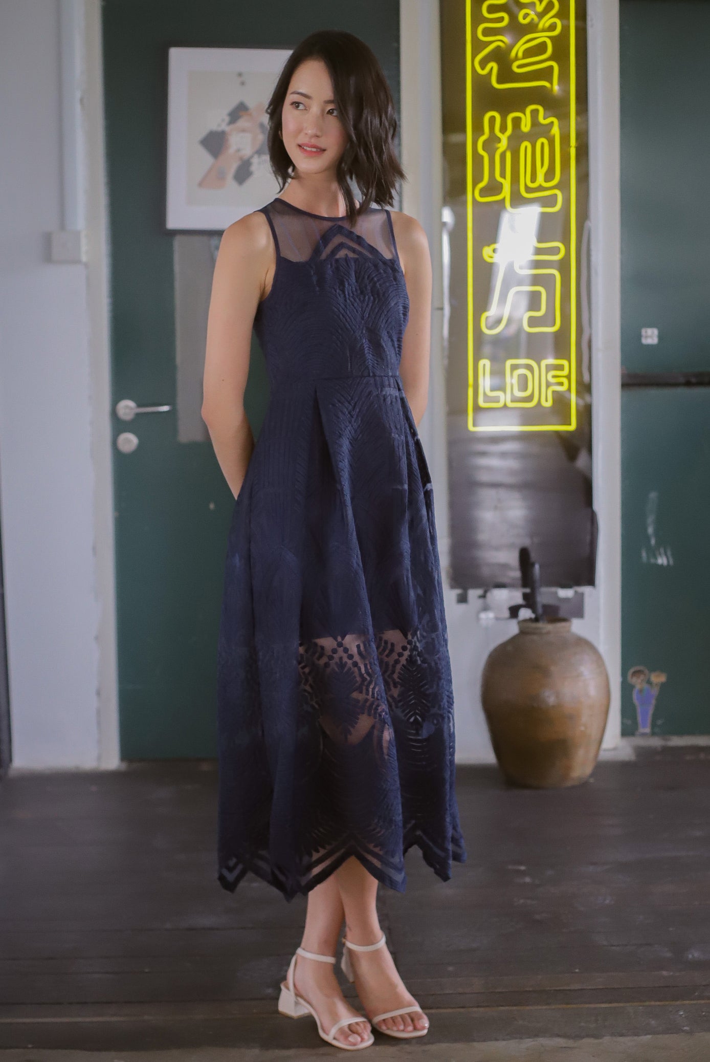 Harleigh Embro Mesh Dress In Navy Blue
