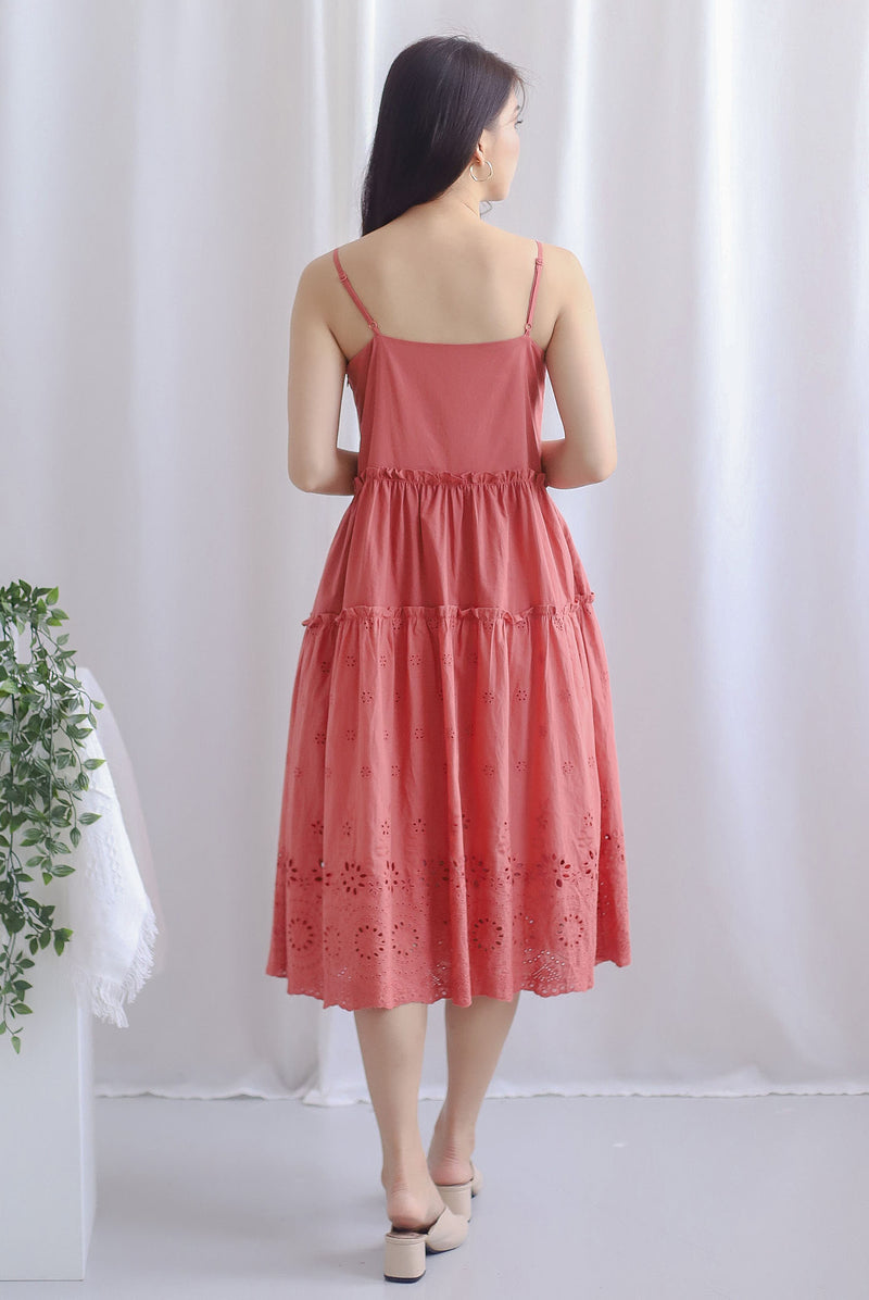 Harmonie Embro Sprag Tiered Dress In Rosewood